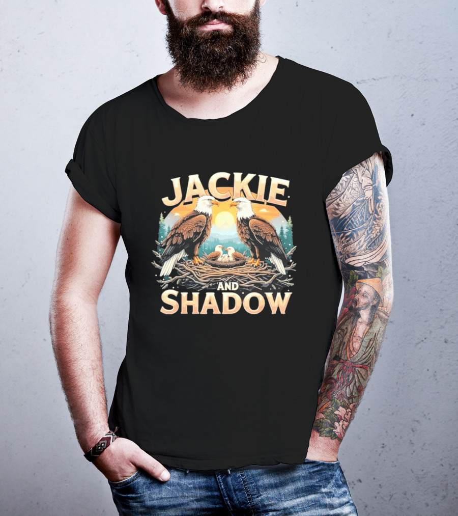 Jackie And Shadow American Eagles Family In Nest With Mountains And Sun T-Shirt