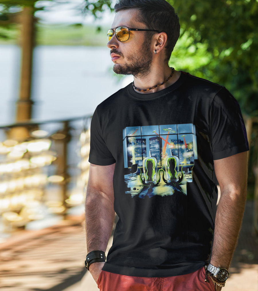Project Rigel Alien Invasion City Battle Scene With Flying Saucers And Lasers T-Shirt