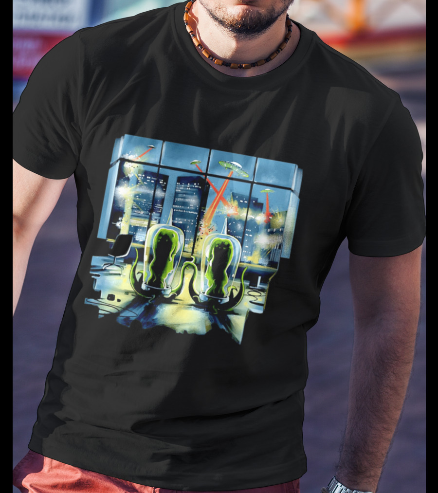 Project Rigel Alien Invasion City Battle Scene With Flying Saucers And Lasers T-Shirt