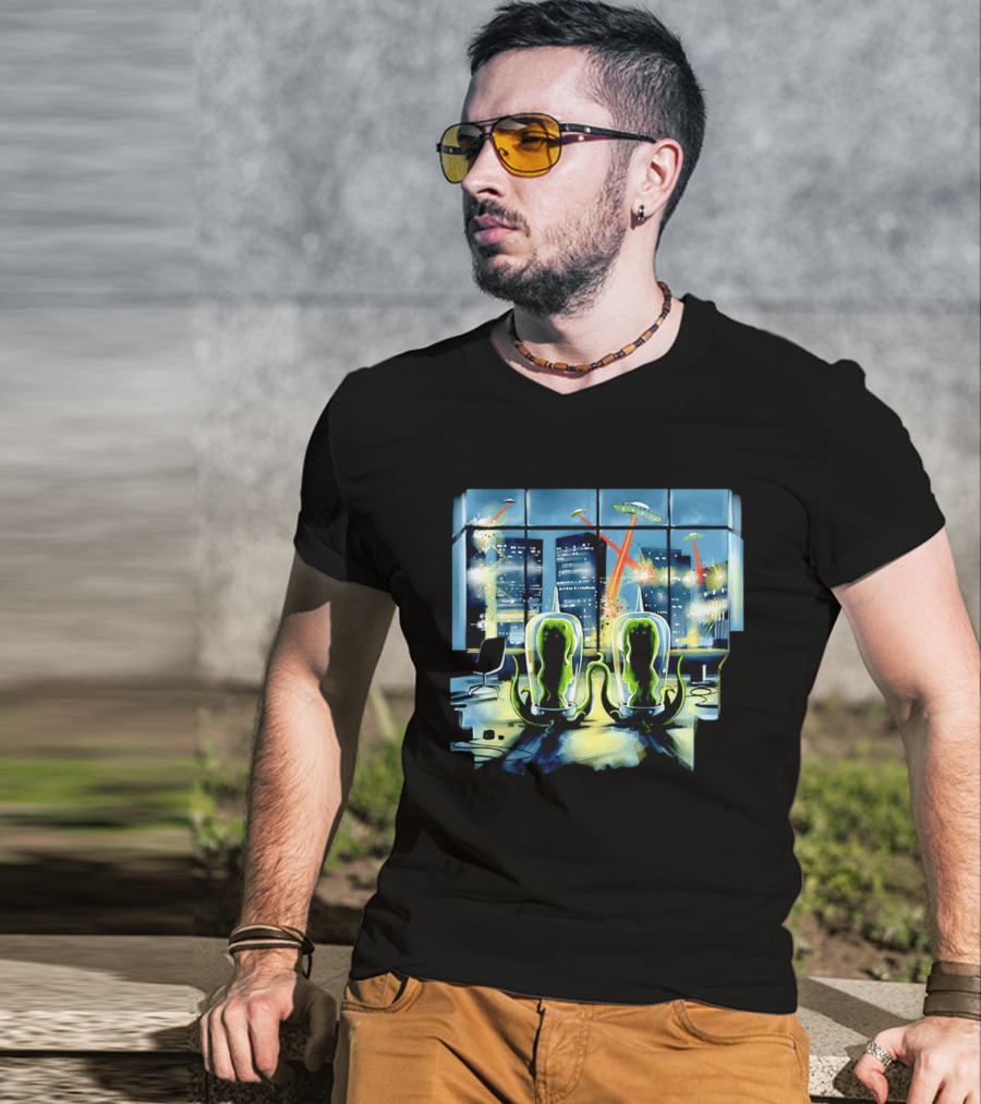Project Rigel Alien Invasion City Battle Scene With Flying Saucers And Lasers T-Shirt