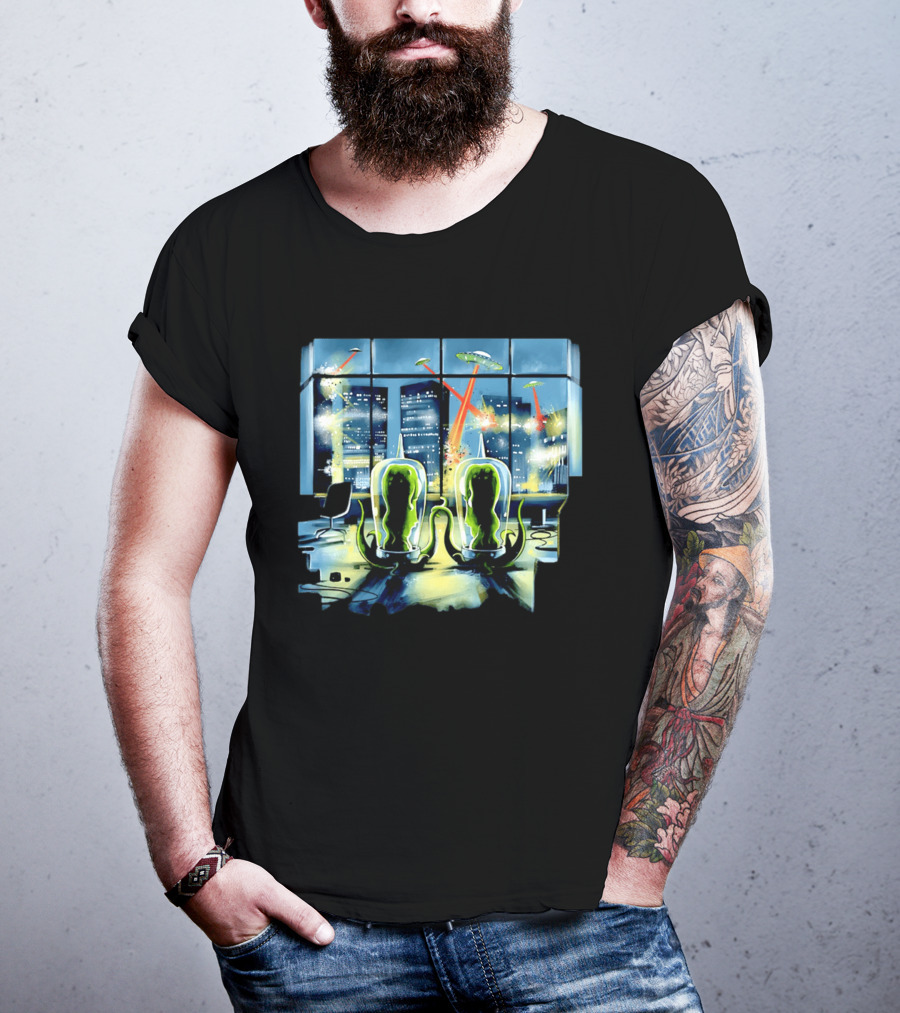 Project Rigel Alien Invasion City Battle Scene With Flying Saucers And Lasers T-Shirt