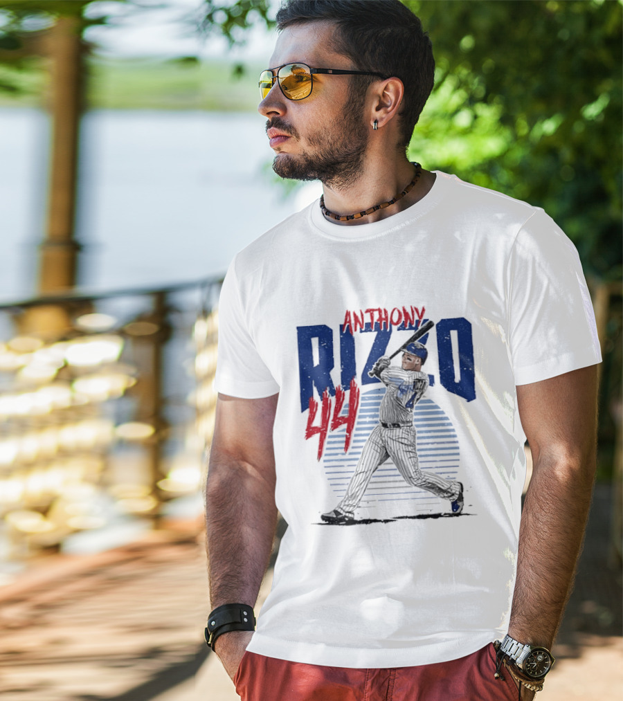 Anthony Rizzo 44 Baseball Batter Swinging Striped Sun Distressed T-Shirt