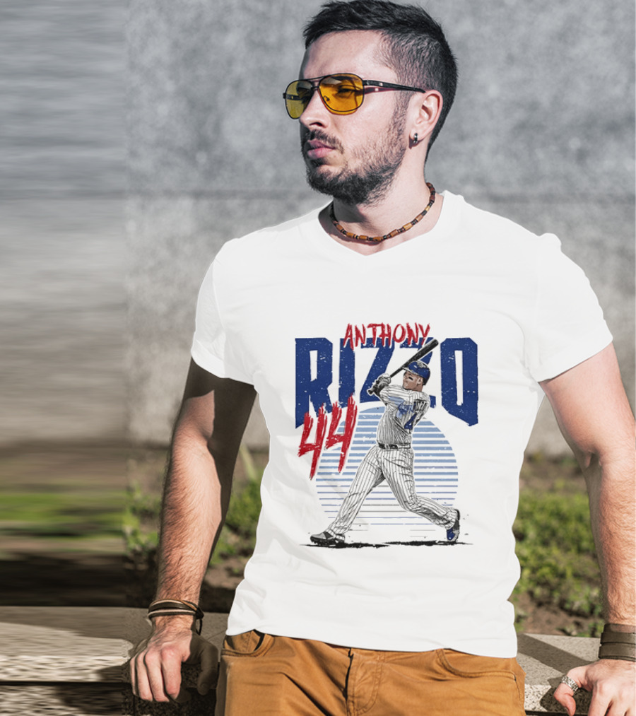 Anthony Rizzo 44 Baseball Batter Swinging Striped Sun Distressed T-Shirt