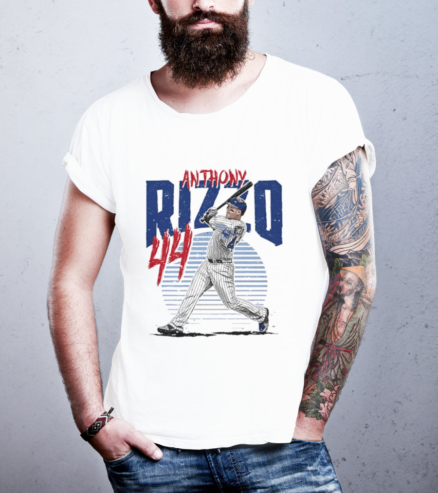 Anthony Rizzo 44 Baseball Batter Swinging Striped Sun Distressed T-Shirt