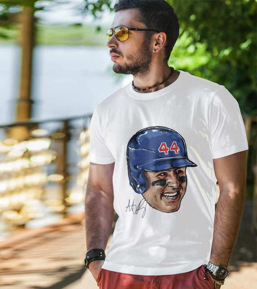 Anthony Rizzo 44 Blue Helmet Halftone Caricature T-Shirt