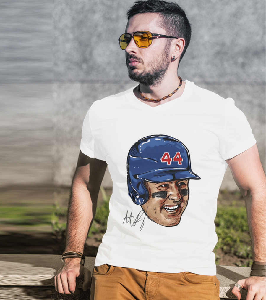 Anthony Rizzo 44 Blue Helmet Halftone Caricature T-Shirt