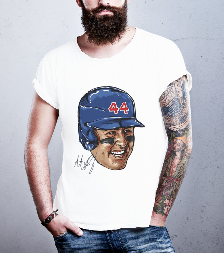 Anthony Rizzo 44 Blue Helmet Halftone Caricature T-Shirt