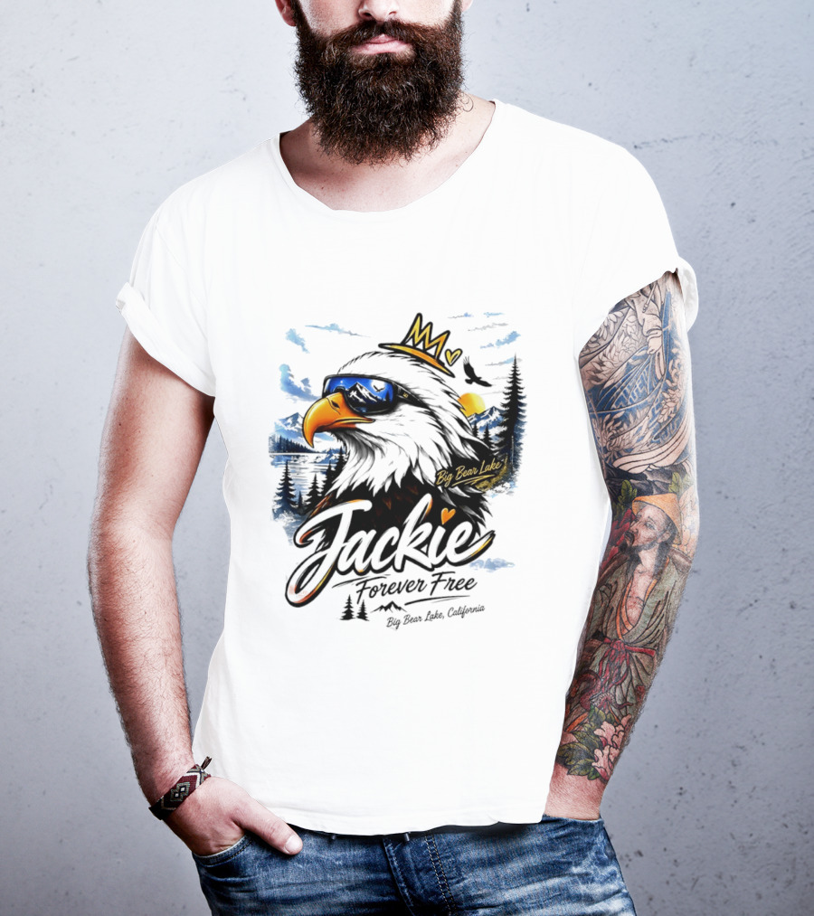 Jackie Forever Free Crowned Eagle Big Bear Lake California Sunglasses Sun Mountains T-Shirt
