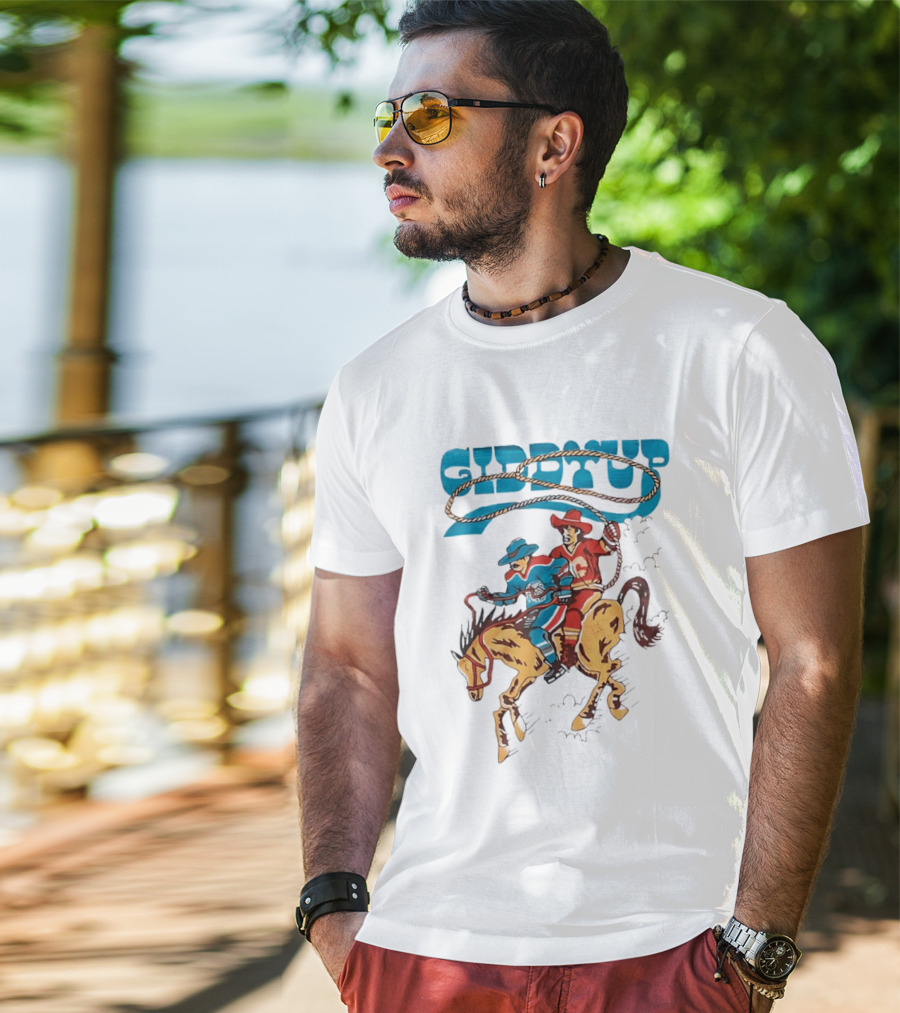Calgary Flames Edmonton Oilers NHL Hockey Players Giddyup Cartoon Riding Bucking Horse Lasso T-Shirt