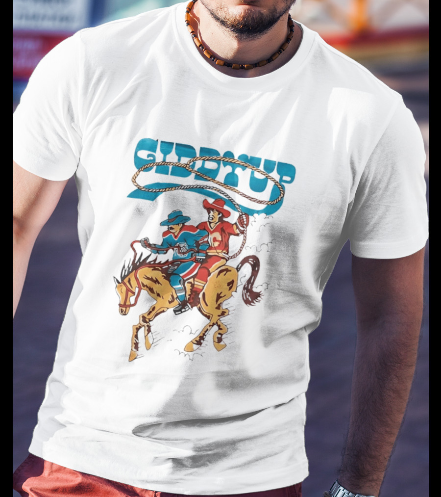 Calgary Flames Edmonton Oilers NHL Hockey Players Giddyup Cartoon Riding Bucking Horse Lasso T-Shirt