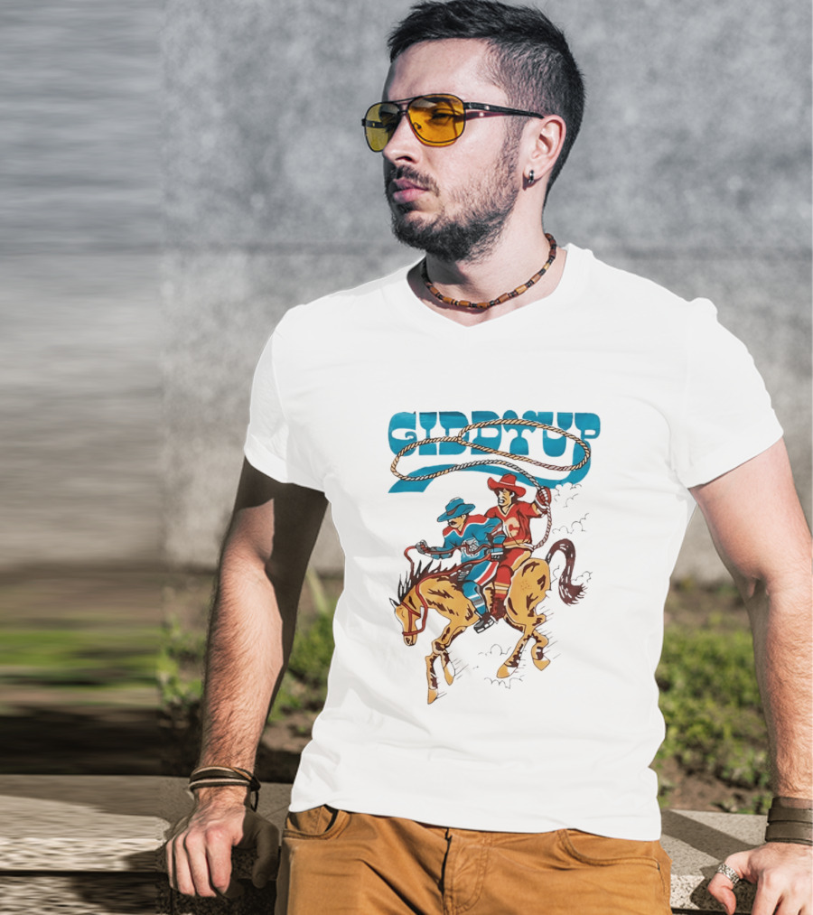 Calgary Flames Edmonton Oilers NHL Hockey Players Giddyup Cartoon Riding Bucking Horse Lasso T-Shirt