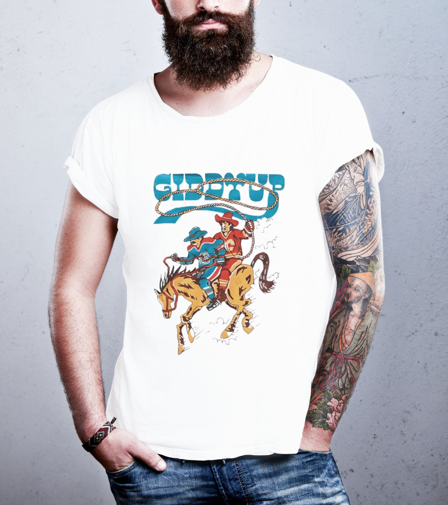 Calgary Flames Edmonton Oilers NHL Hockey Players Giddyup Cartoon Riding Bucking Horse Lasso T-Shirt