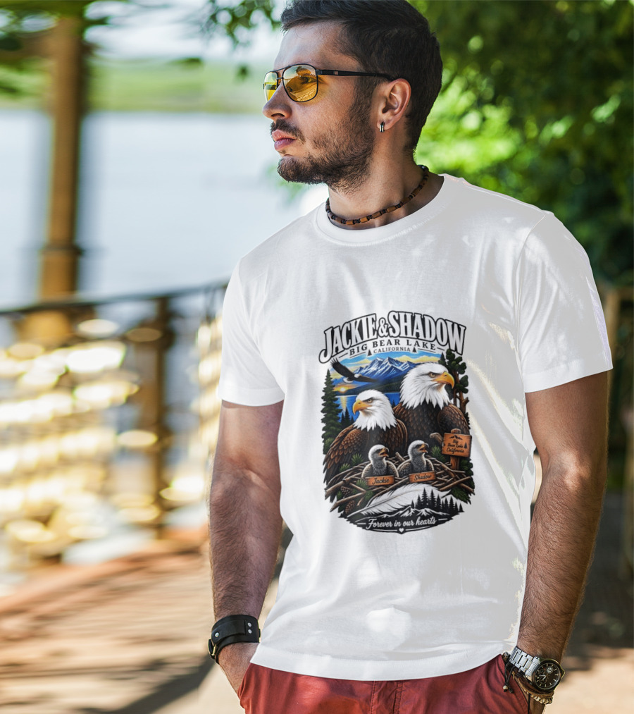 Jackie And Shadow Big Bear Lake California Bald Eagles Eaglets Nest Forever In Our Hearts Sunset Mountain T-Shirt