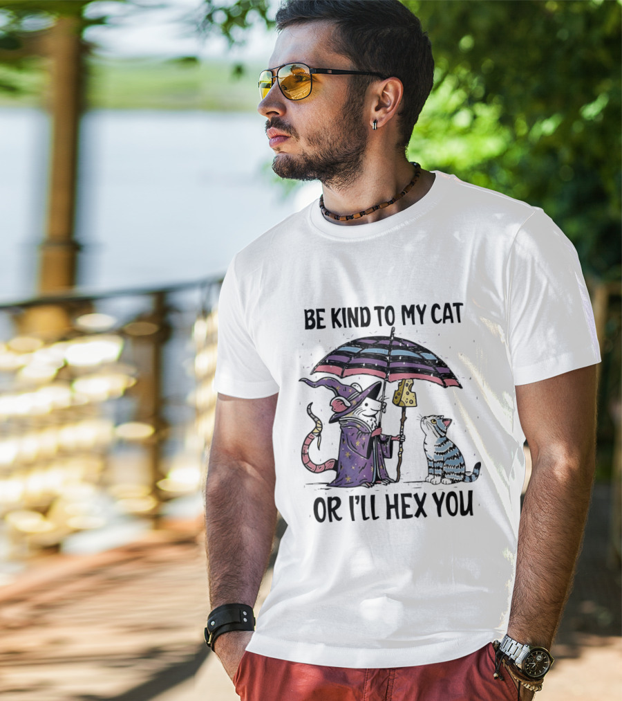 Be Kind To My Cat Or I'll Hex You Cat Wizard With Rainbow Umbrella T-Shirt
