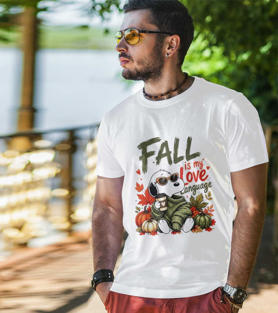 Fall Is My Love Language Cartoon Dog Cozy Green Sweater Pumpkins Leaves Coffee T-Shirt