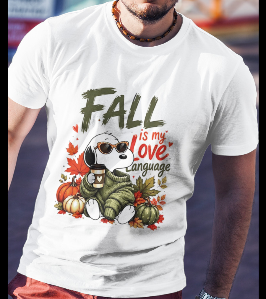 Fall Is My Love Language Cartoon Dog Cozy Green Sweater Pumpkins Leaves Coffee T-Shirt