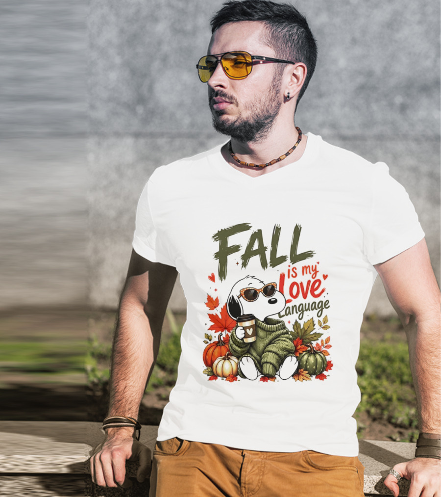 Fall Is My Love Language Cartoon Dog Cozy Green Sweater Pumpkins Leaves Coffee T-Shirt