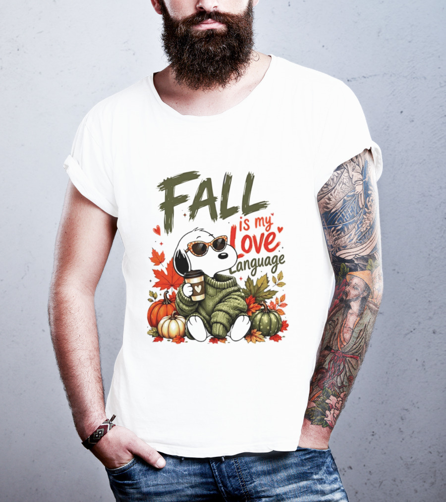 Fall Is My Love Language Cartoon Dog Cozy Green Sweater Pumpkins Leaves Coffee T-Shirt