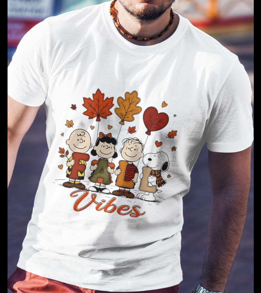 Fall Vibes Peanuts Characters With Leaf Balloons T-Shirt