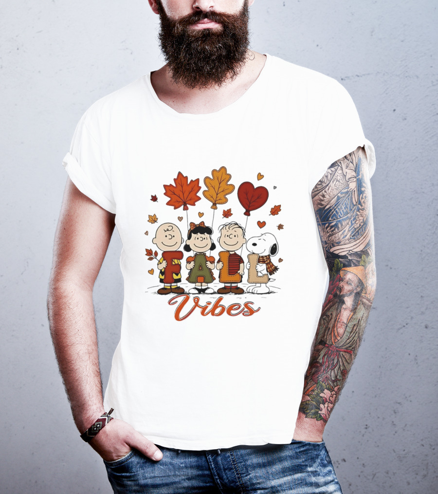 Fall Vibes Peanuts Characters With Leaf Balloons T-Shirt