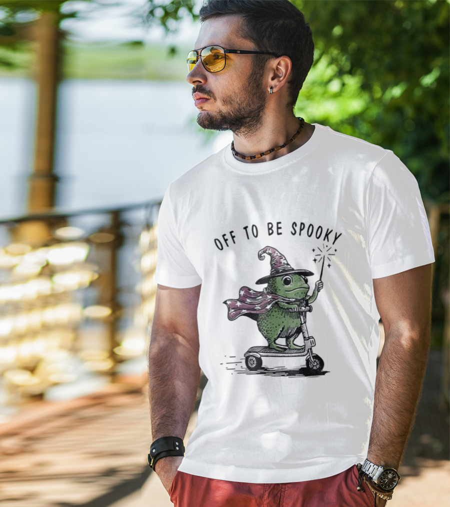 Frog Wizard On Scooter With Cape Off To Be Spooky Magic Wand T-Shirt