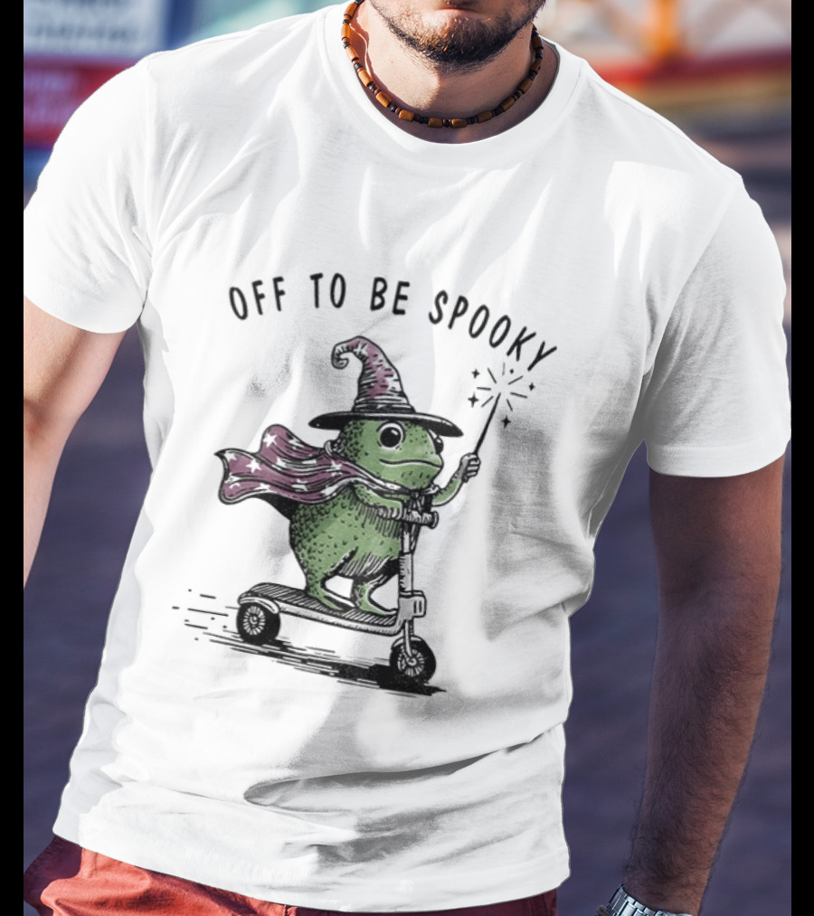 Frog Wizard On Scooter With Cape Off To Be Spooky Magic Wand T-Shirt