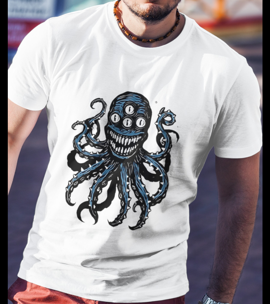 Monstrous Spiky Tentacles Blue Octopus Woodcut T-Shirt