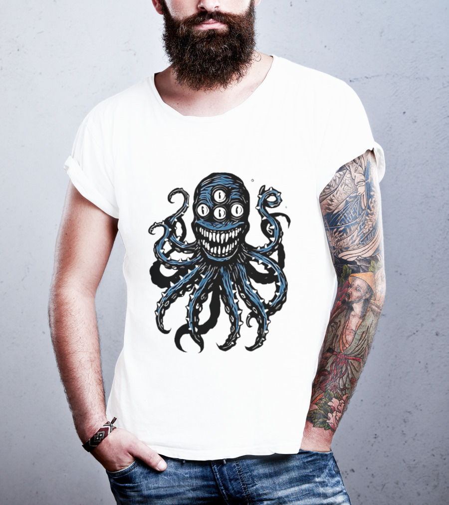 Monstrous Spiky Tentacles Blue Octopus Woodcut T-Shirt