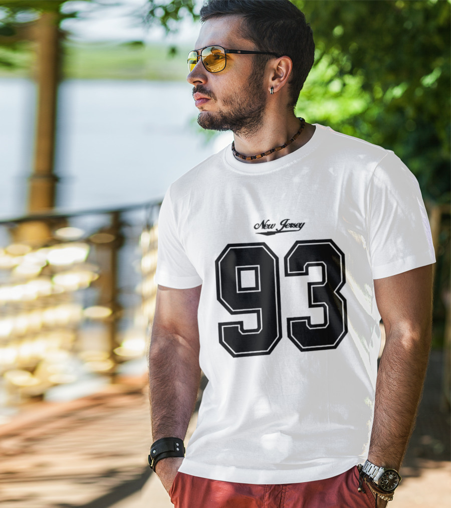 New Jersey 93 Cursive Script Black Varsity Block Number T-Shirt