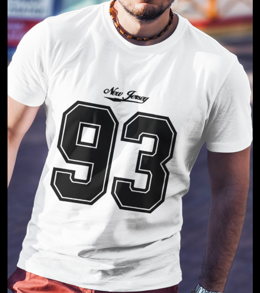 New Jersey 93 Cursive Script Black Varsity Block Number T-Shirt