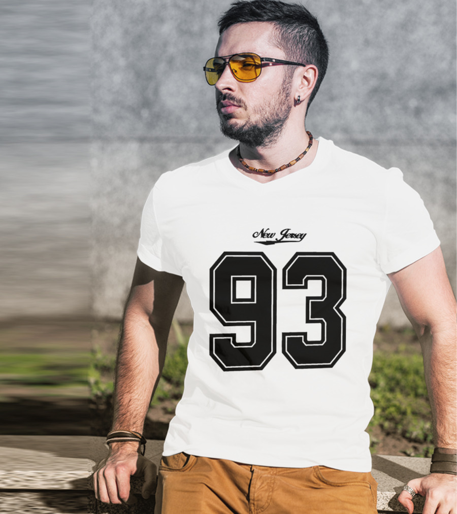 New Jersey 93 Cursive Script Black Varsity Block Number T-Shirt
