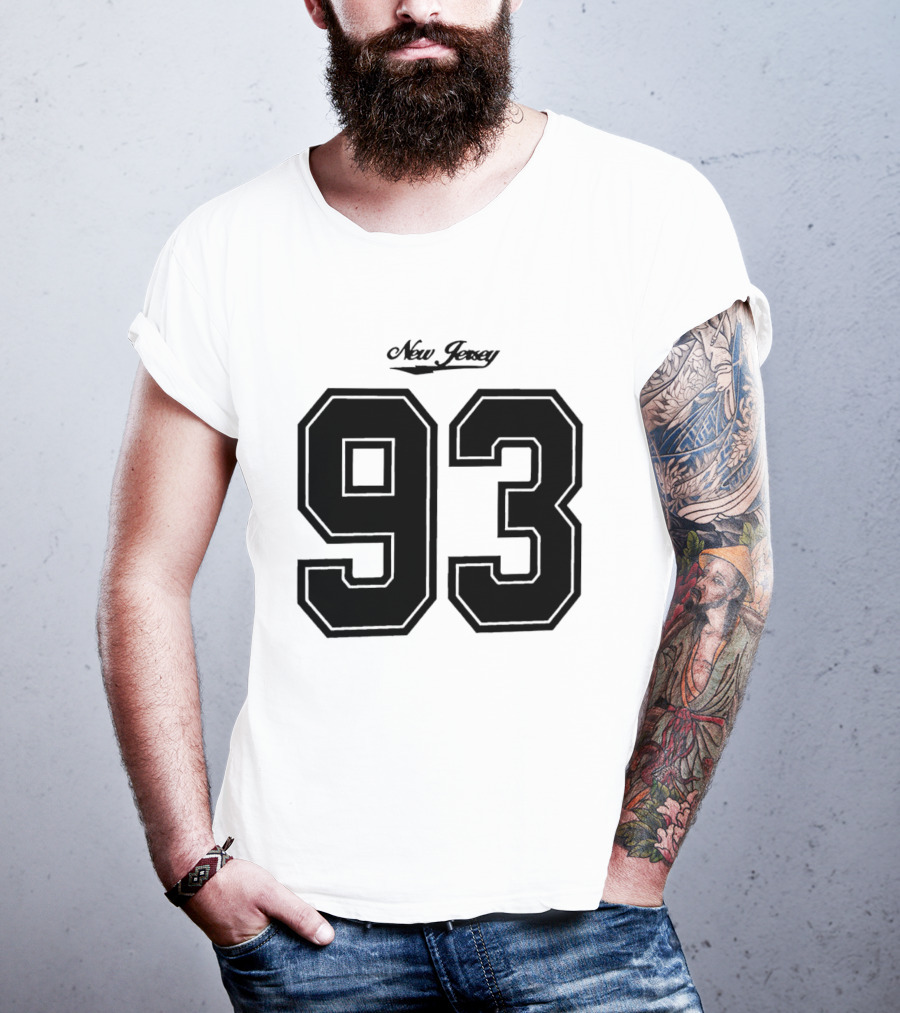 New Jersey 93 Cursive Script Black Varsity Block Number T-Shirt