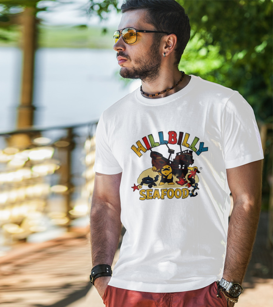 Hillbilly Seafood Cartoon Pirate Ship And Ocean Life Fish Adventure T-Shirt