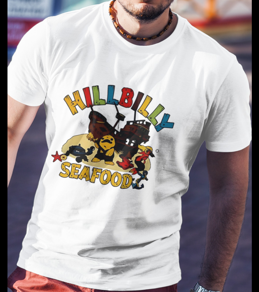 Hillbilly Seafood Cartoon Pirate Ship And Ocean Life Fish Adventure T-Shirt