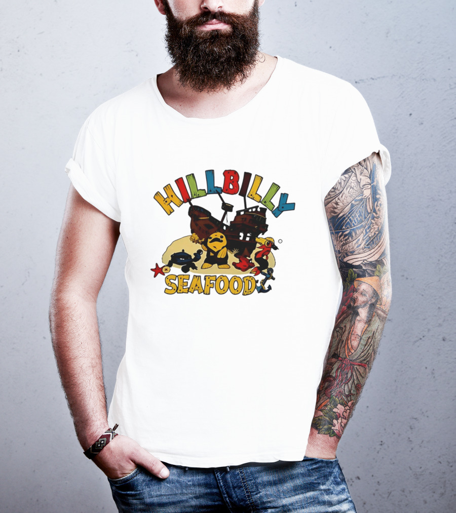 Hillbilly Seafood Cartoon Pirate Ship And Ocean Life Fish Adventure T-Shirt