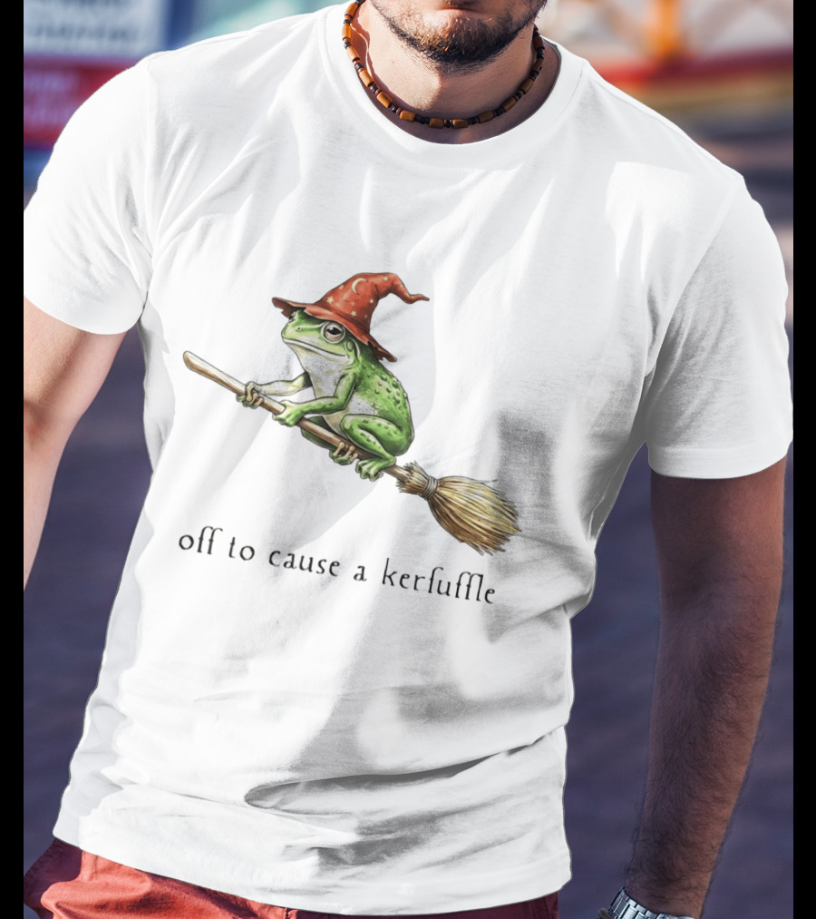 Off To Cause A Kerfuffle Frog Wizard Hat Broomstick Adventure T-Shirt
