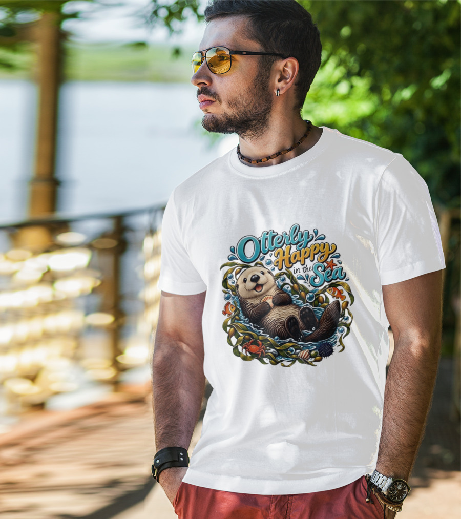 Otterly Happy In The Sea Cartoon Otter Floating With Kelp, Shell, Fish, Crab T-Shirt