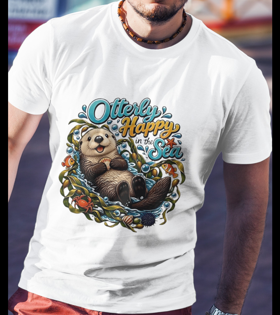 Otterly Happy In The Sea Cartoon Otter Floating With Kelp, Shell, Fish, Crab T-Shirt