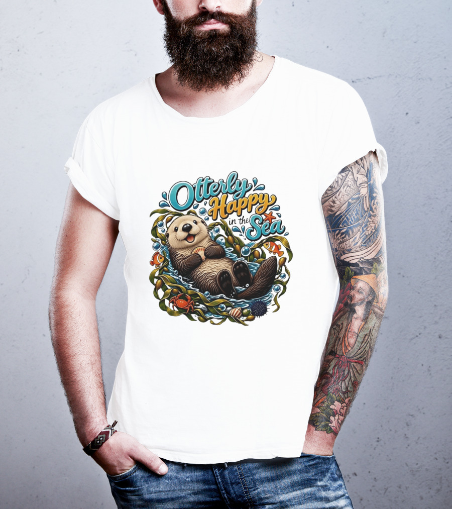 Otterly Happy In The Sea Cartoon Otter Floating With Kelp, Shell, Fish, Crab T-Shirt