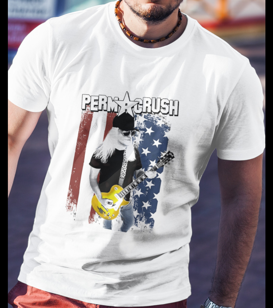 Perm A Crush Long Blonde Hair Yellow Guitar American Flag T-Shirt