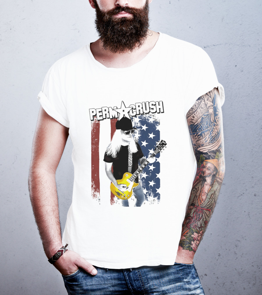 Perm A Crush Long Blonde Hair Yellow Guitar American Flag T-Shirt