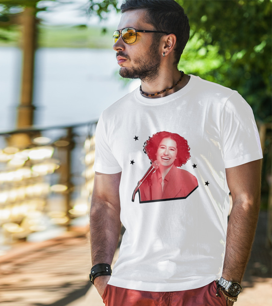 Red Tinted Woman Curly Hair Microphone Black Stars T-Shirt