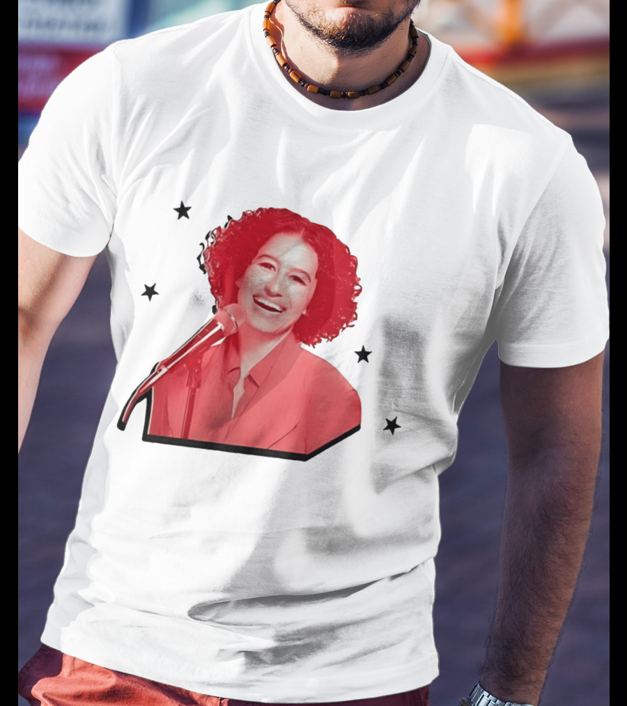Red Tinted Woman Curly Hair Microphone Black Stars T-Shirt