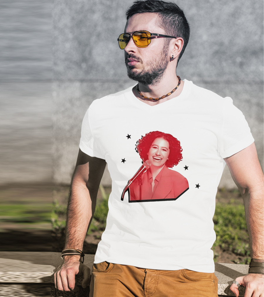 Red Tinted Woman Curly Hair Microphone Black Stars T-Shirt