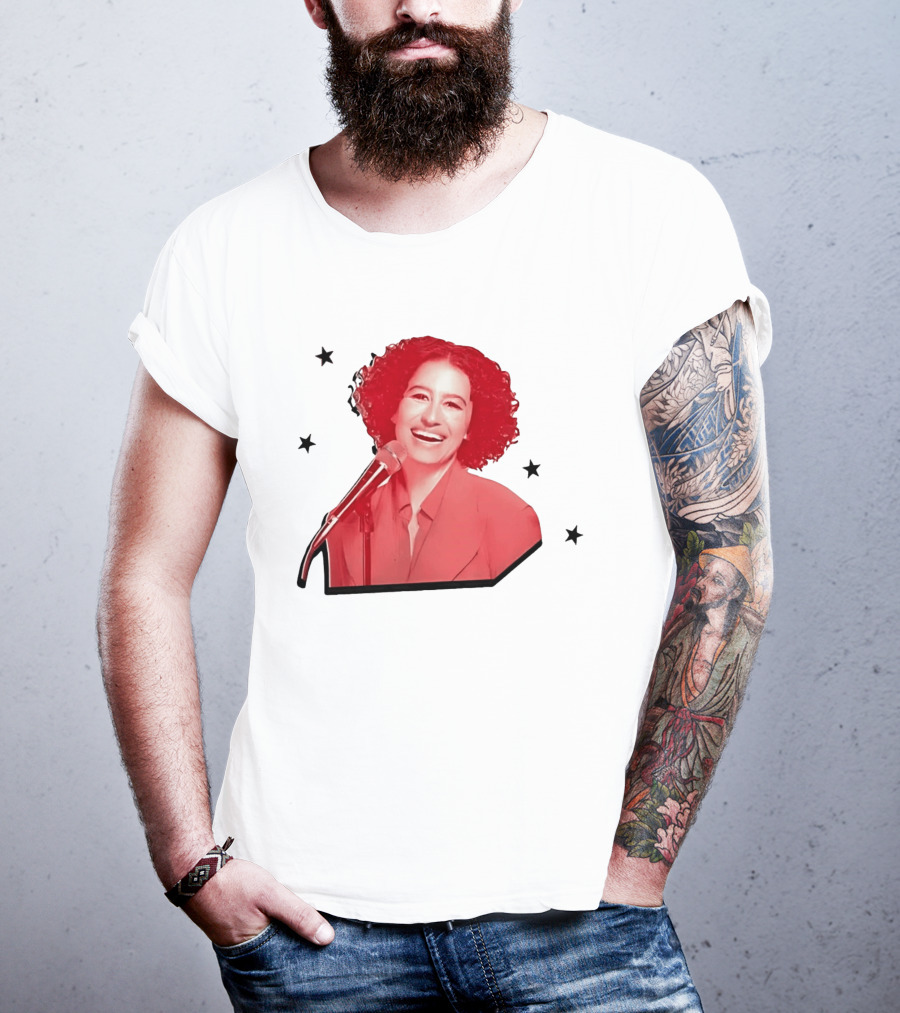 Red Tinted Woman Curly Hair Microphone Black Stars T-Shirt