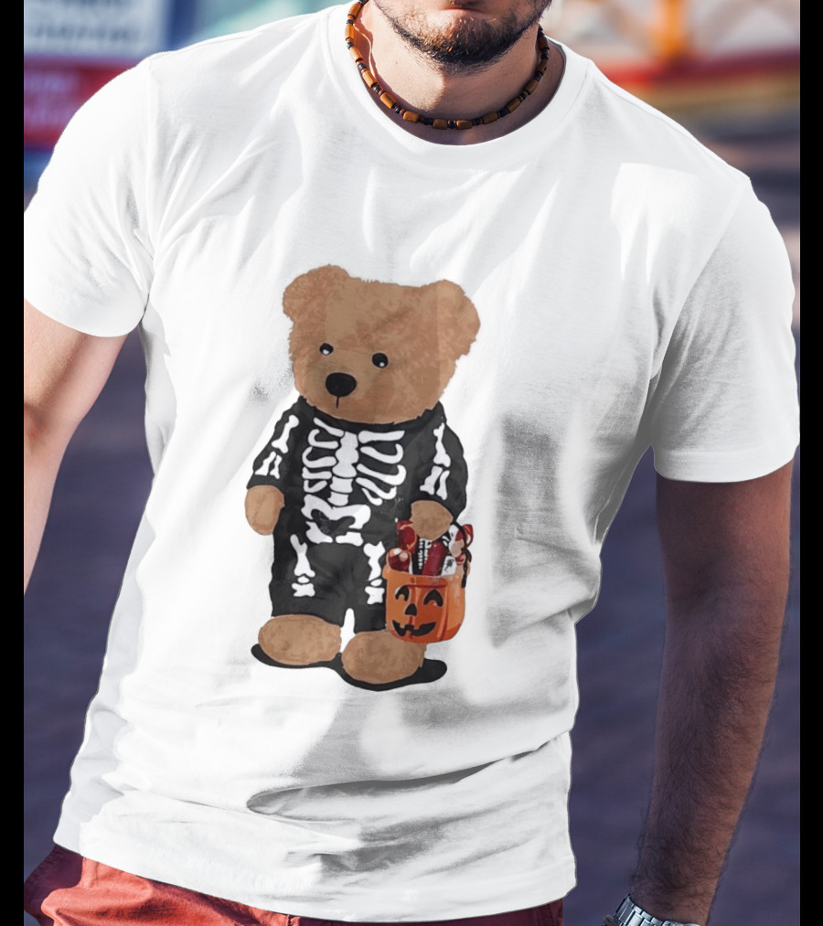 Teddy Bear Skeleton Costume Jack O Lantern Pumpkin Candy Cartoon T-Shirt