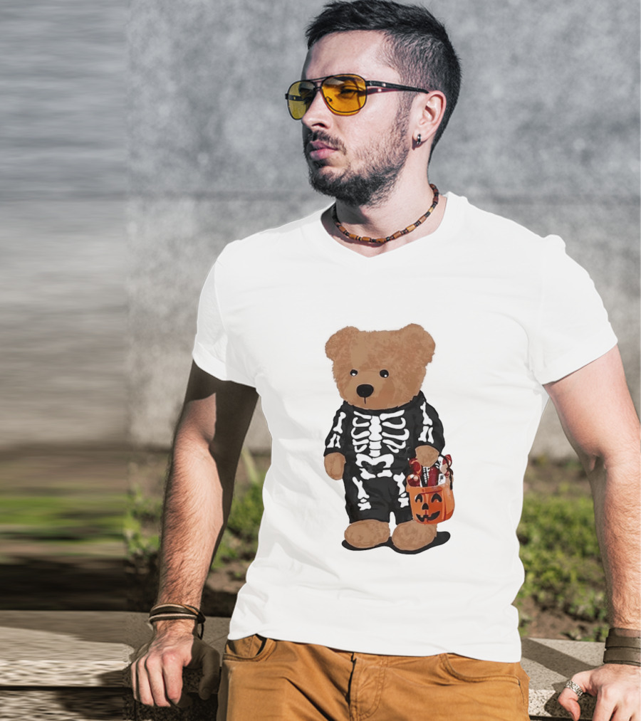 Teddy Bear Skeleton Costume Jack O Lantern Pumpkin Candy Cartoon T-Shirt