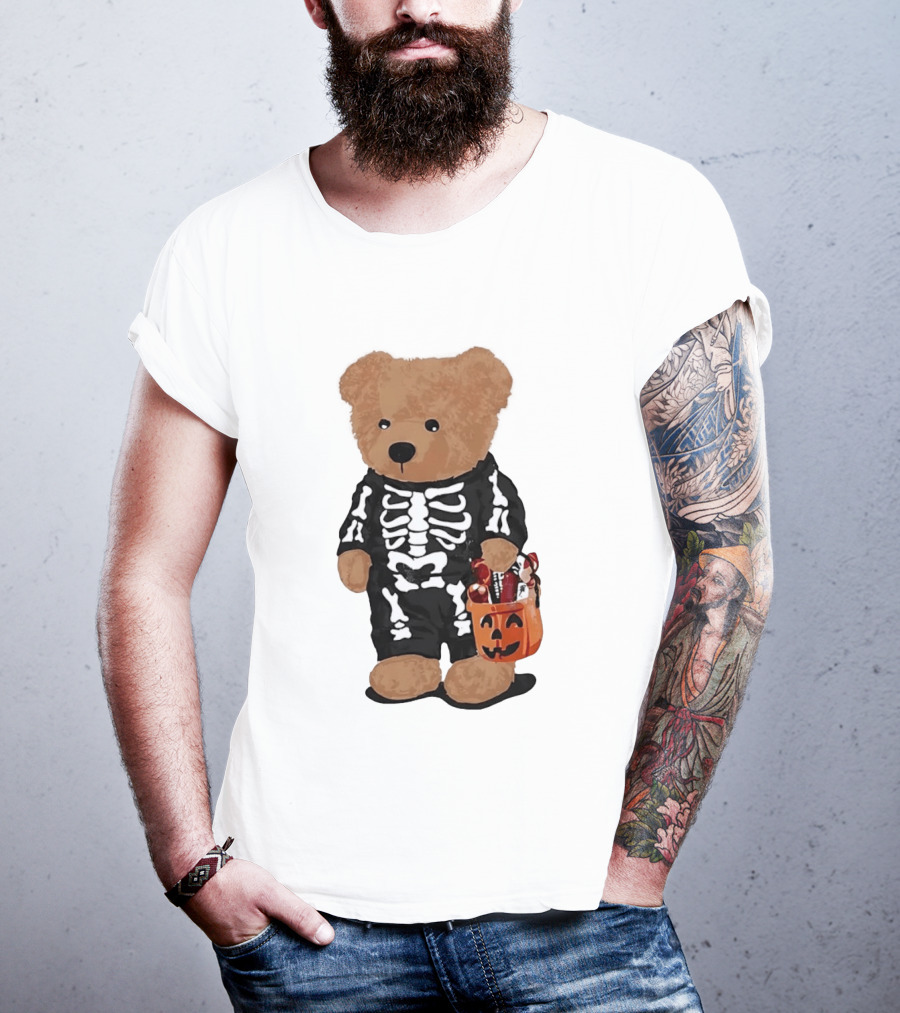 Teddy Bear Skeleton Costume Jack O Lantern Pumpkin Candy Cartoon T-Shirt