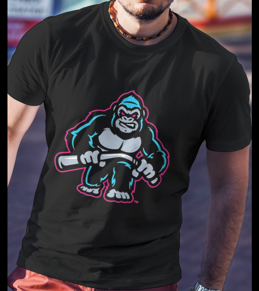 Aggressive Gorilla With Hockey Stick Neon T-Shirt
