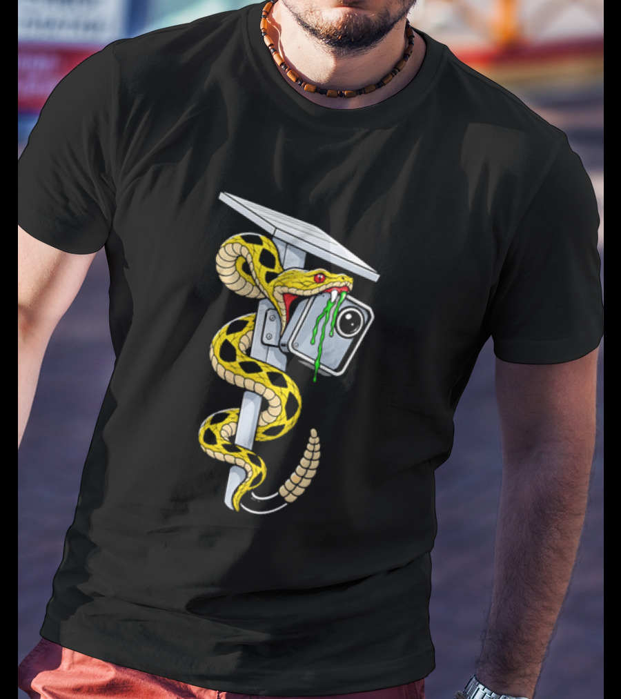 Cartoon Yellow Rattlesnake Biting Security Camera Solar Panel Pole Dripping Venom T-Shirt
